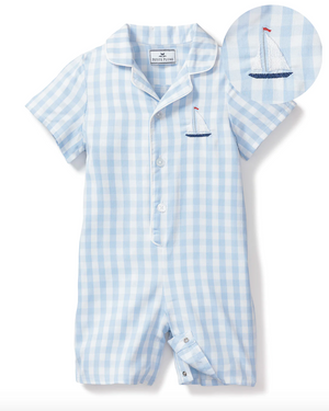 
            
                Load image into Gallery viewer, Light Blue Gingham Summer Romper with Sailboat
            
        