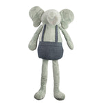 Gray Elephant Huggie Doll, denim overalls