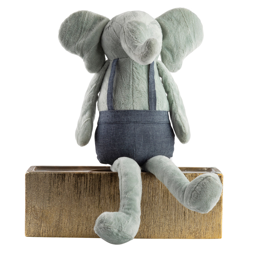 
            
                Load image into Gallery viewer, Gray Elephant Huggie Doll, denim overalls
            
        