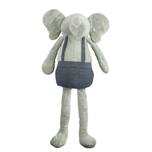 
            
                Load image into Gallery viewer, Gray Elephant Huggie Doll, denim overalls
            
        
